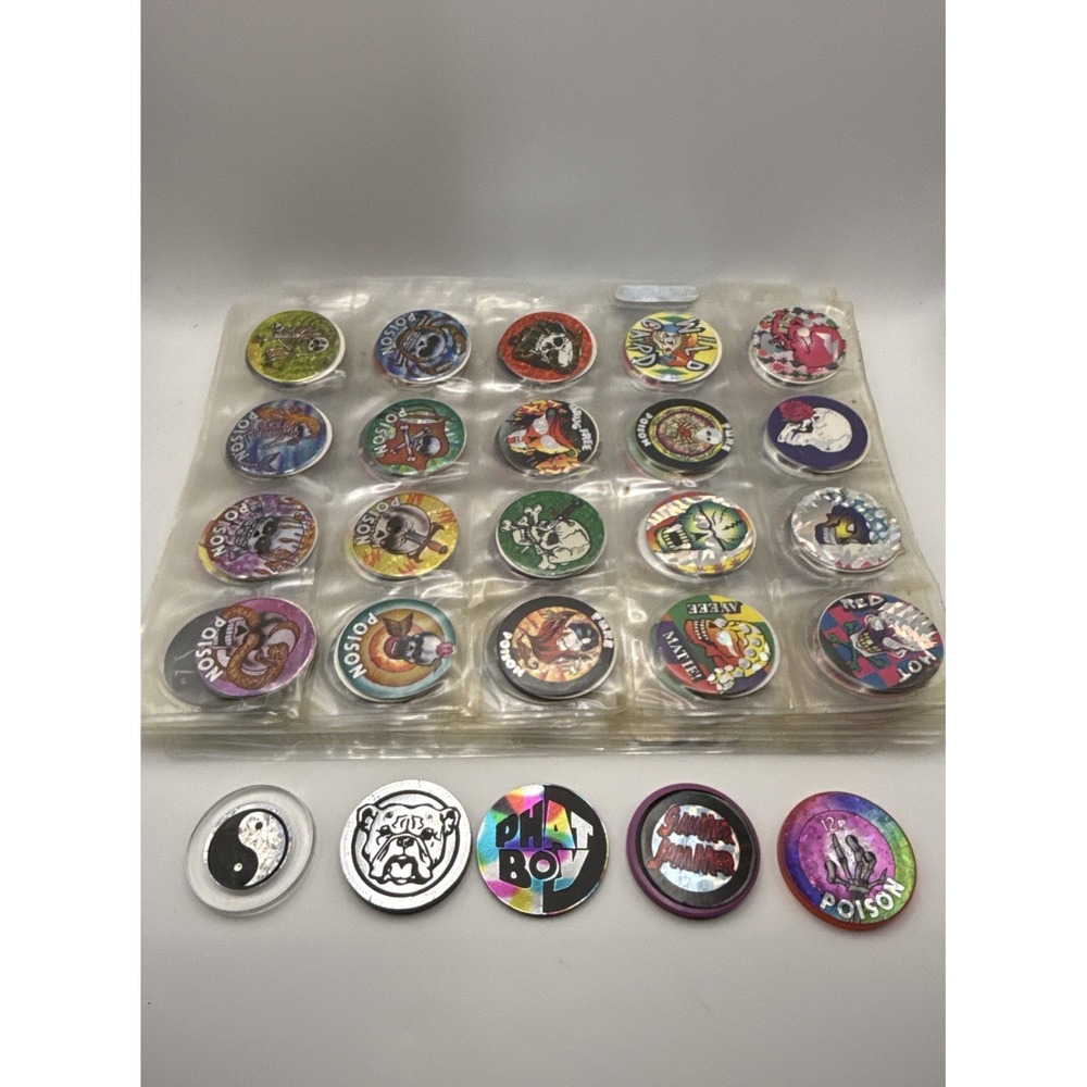 90s Vintage Pog And Slammer Lot, Poison, 8 Ball, Skulls, Stompers, Holo